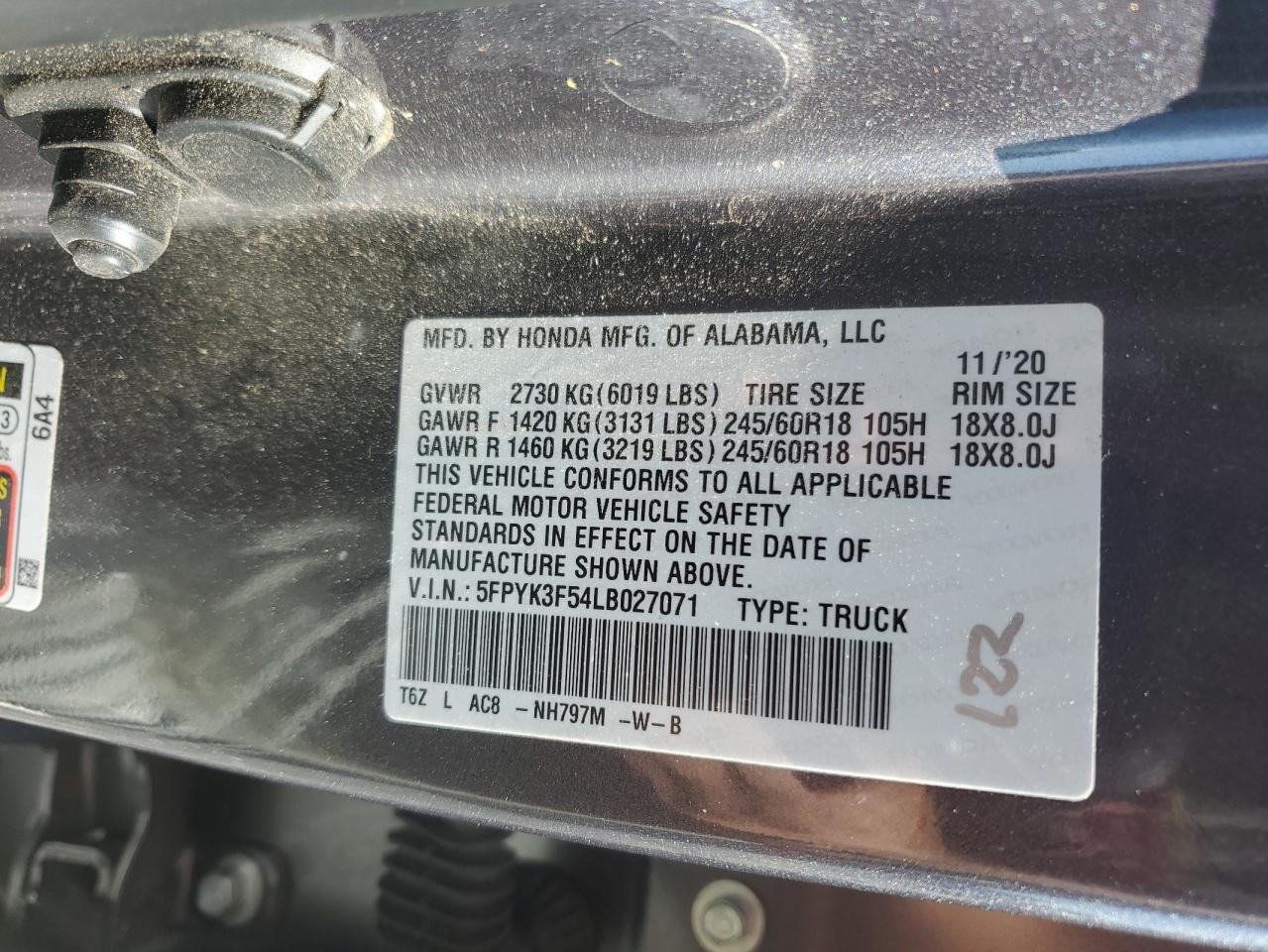 2020 Honda Ridgeline Rtl VIN: 5FPYK3F54LB027071 Lot: 63633435