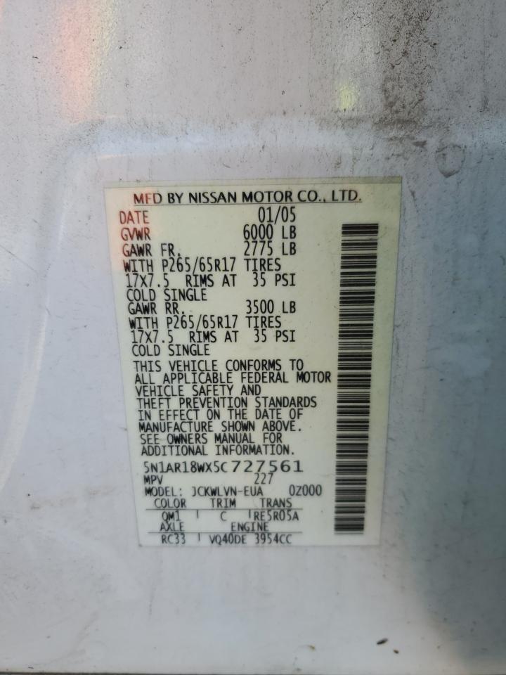 2005 Nissan Pathfinder Le VIN: 5N1AR18WX5C727561 Lot: 63338285