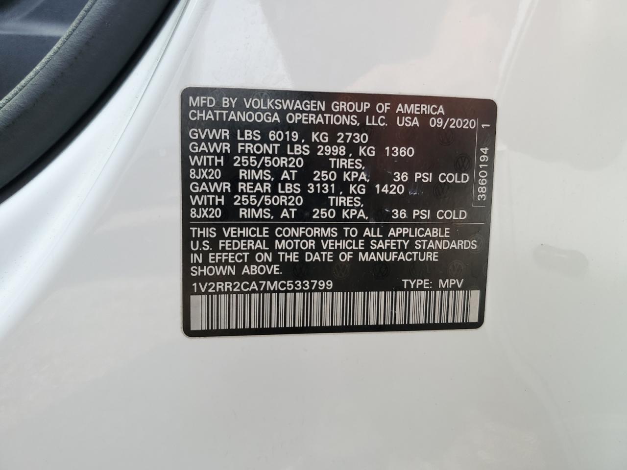 2021 Volkswagen Atlas Se VIN: 1V2RR2CA7MC533799 Lot: 63811155