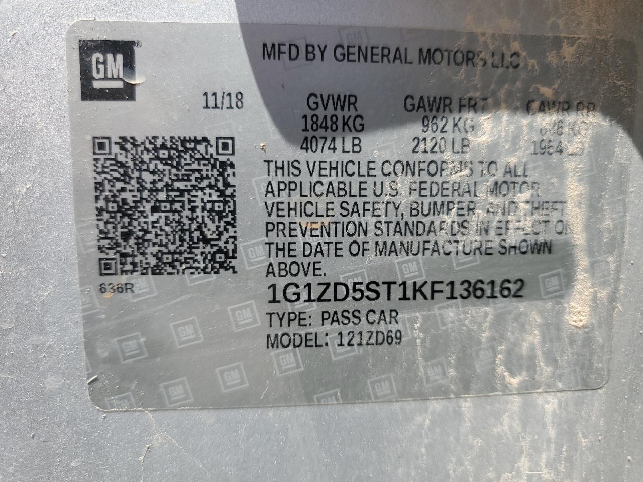 2019 Chevrolet Malibu Lt VIN: 1G1ZD5ST1KF136162 Lot: 65166125