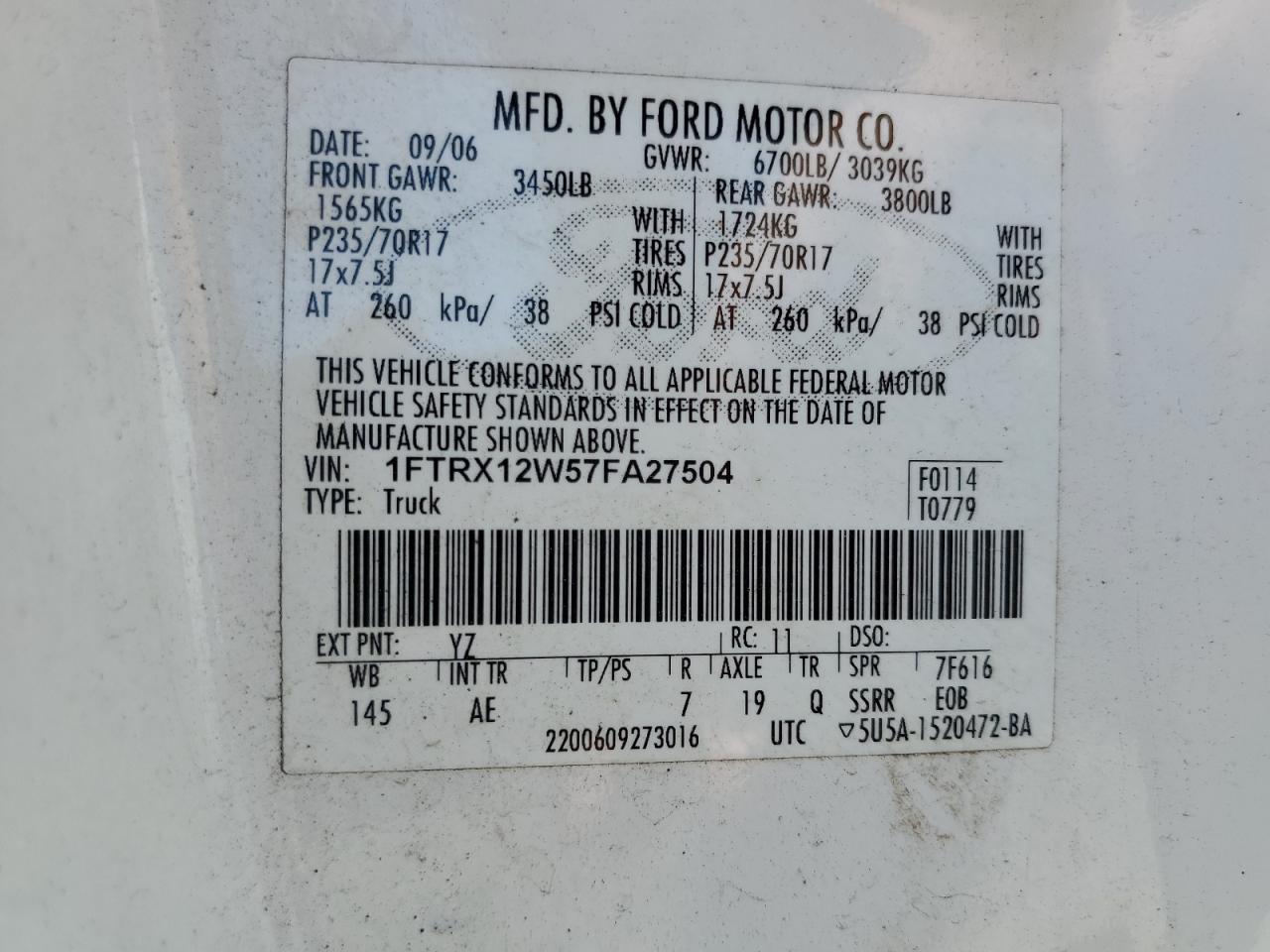 2007 Ford F150 VIN: 1FTRX12W57FA27504 Lot: 64923655