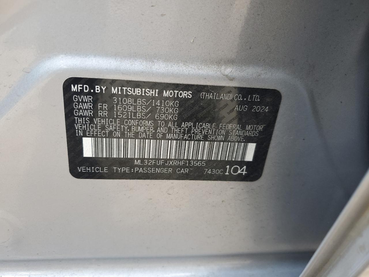 2024 Mitsubishi Mirage G4 Es VIN: ML32FUFJXRHF13565 Lot: 64099935