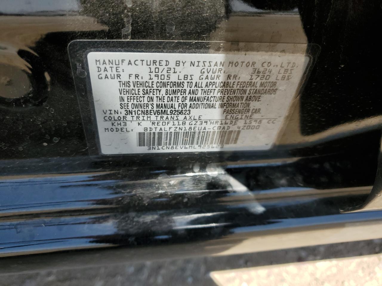 2021 Nissan Versa Sv VIN: 3N1CN8EV6ML925623 Lot: 62771195