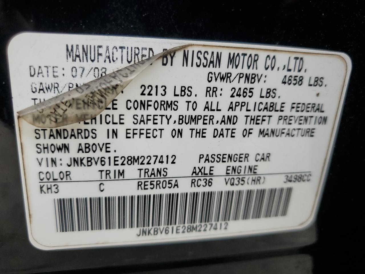 2008 Infiniti G35 VIN: JNKBV61E28M227412 Lot: 63377605