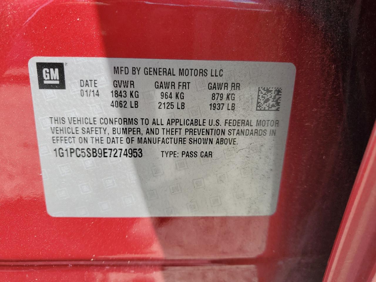 2014 Chevrolet Cruze Lt VIN: 1G1PC5SB9E7274953 Lot: 65469865