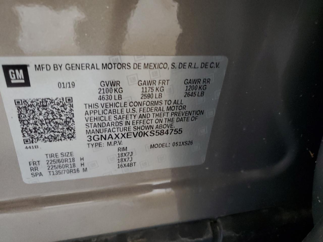 2019 Chevrolet Equinox Premier VIN: 3GNAXXEV0KS584755 Lot: 65124585