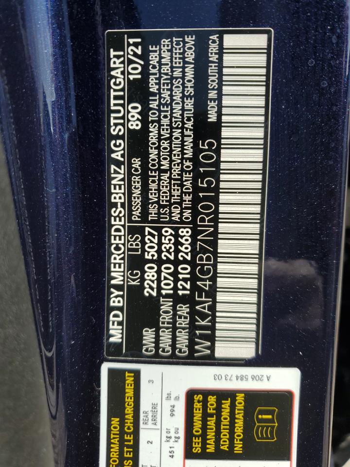 2022 Mercedes-Benz C 300 VIN: W1KAF4GB7NR015105 Lot: 62989475