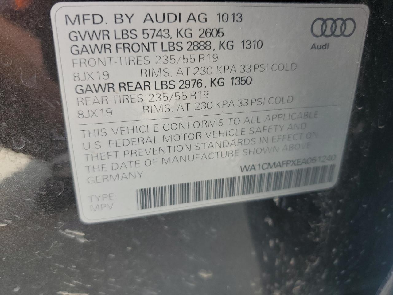 2014 Audi Q5 Tdi Premium Plus VIN: WA1CMAFPXEA051240 Lot: 65220545
