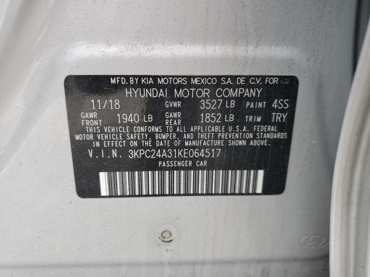 2019 Hyundai Accent Se VIN: 3KPC24A31KE064517 Lot: 65132425
