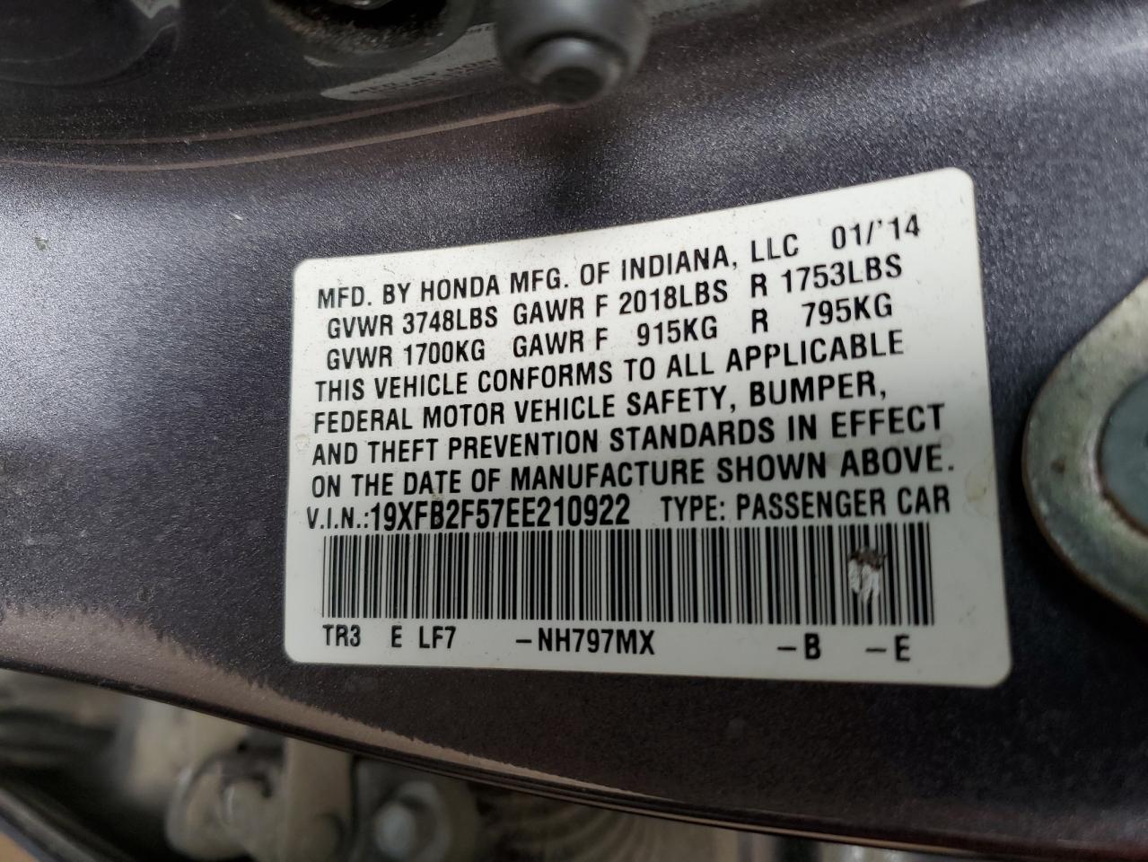 2014 Honda Civic Lx VIN: 19XFB2F57EE210922 Lot: 64442155