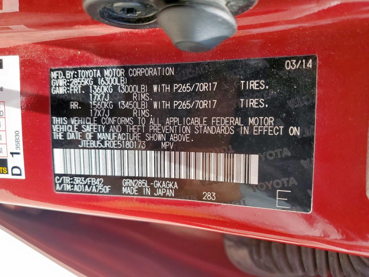 2014 Toyota 4Runner Sr5 VIN: JTEBU5JR0E5180173 Lot: 64607095