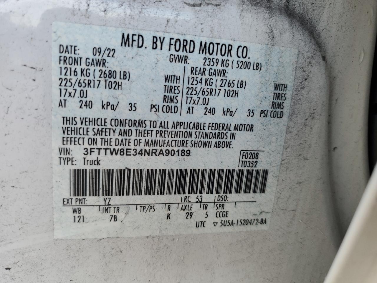 3fttw8e34nra90189 3FTTW8E34NRA90189 2022 Ford Maverick Xl