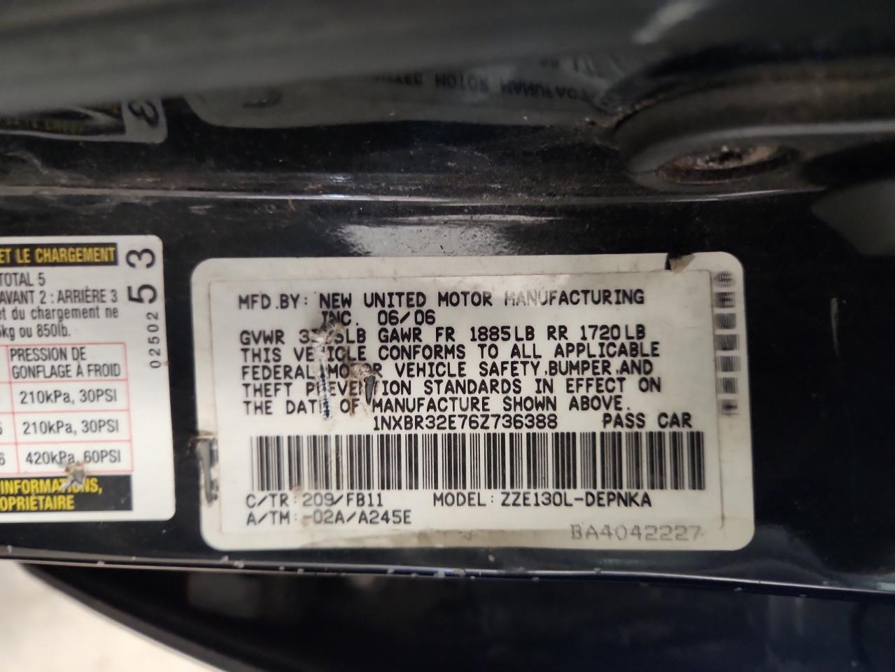 2006 Toyota Corolla Ce VIN: 1NXBR32E76Z736388 Lot: 65428585
