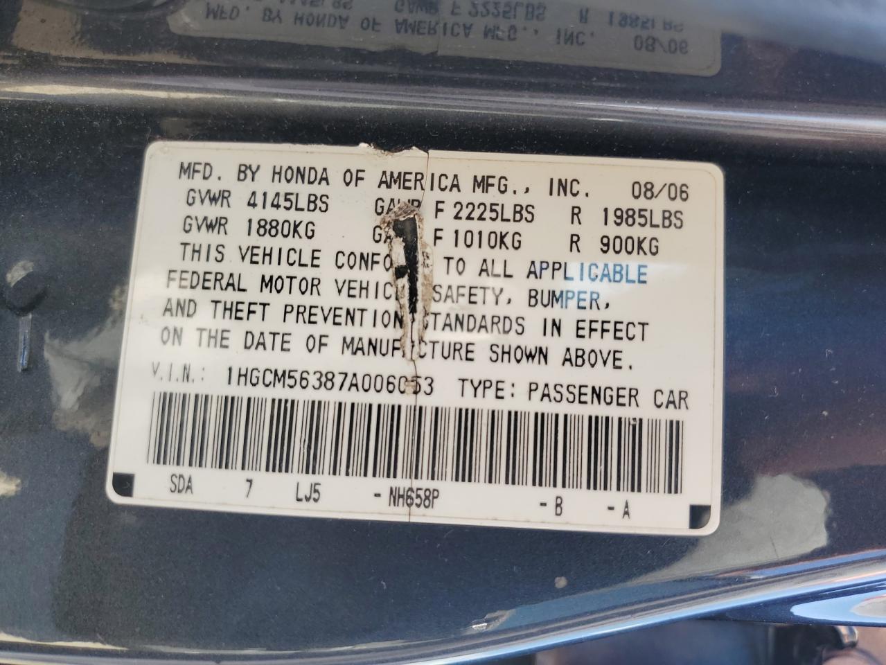 2007 Honda Accord Se VIN: 1HGCM56387A006053 Lot: 64695645