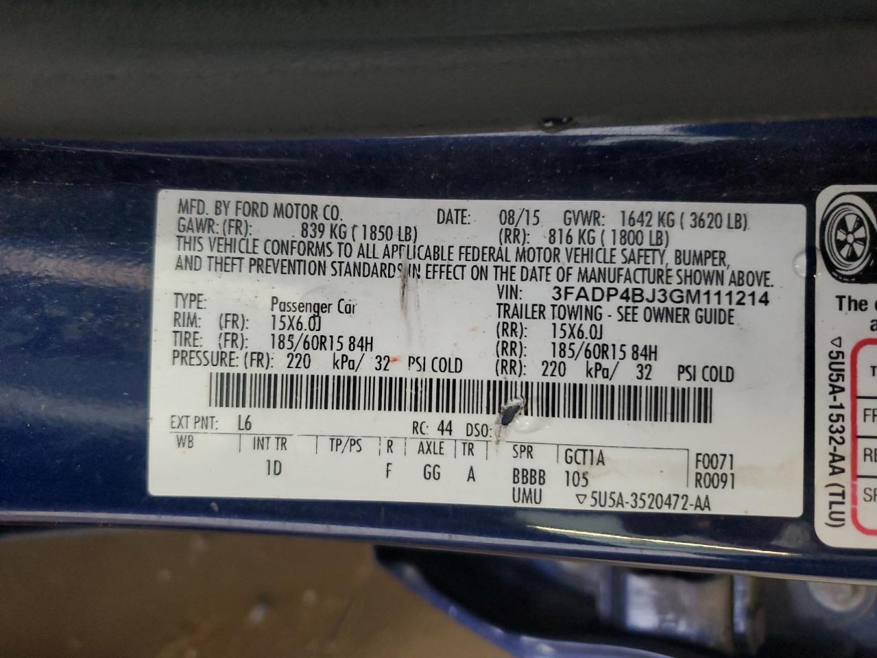 2016 Ford Fiesta Se VIN: 3FADP4BJ3GM111214 Lot: 64542365