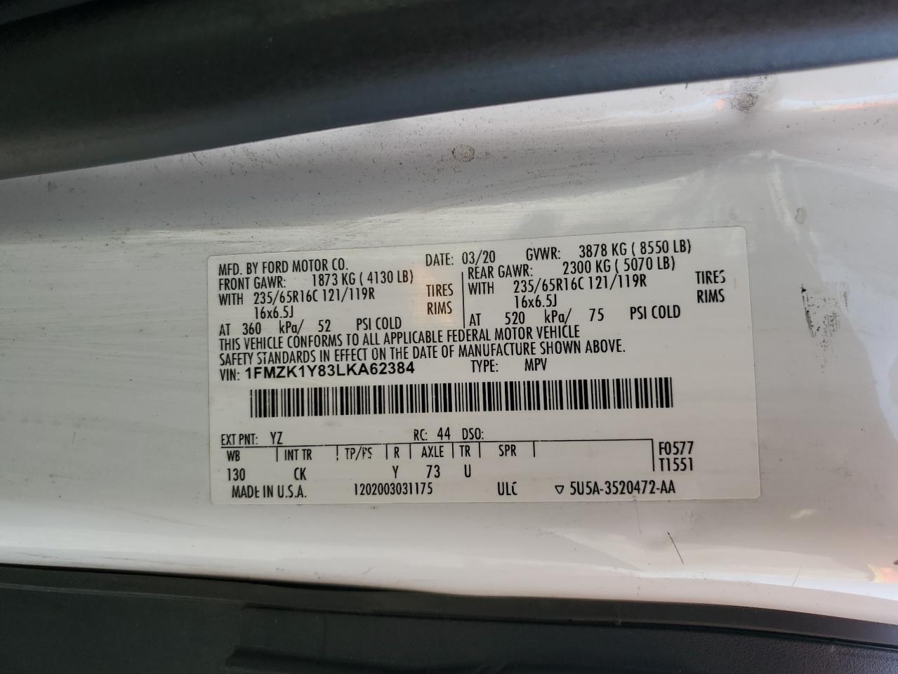 2020 Ford Transit T-150 VIN: 1FMZK1Y83LKA62384 Lot: 64367235