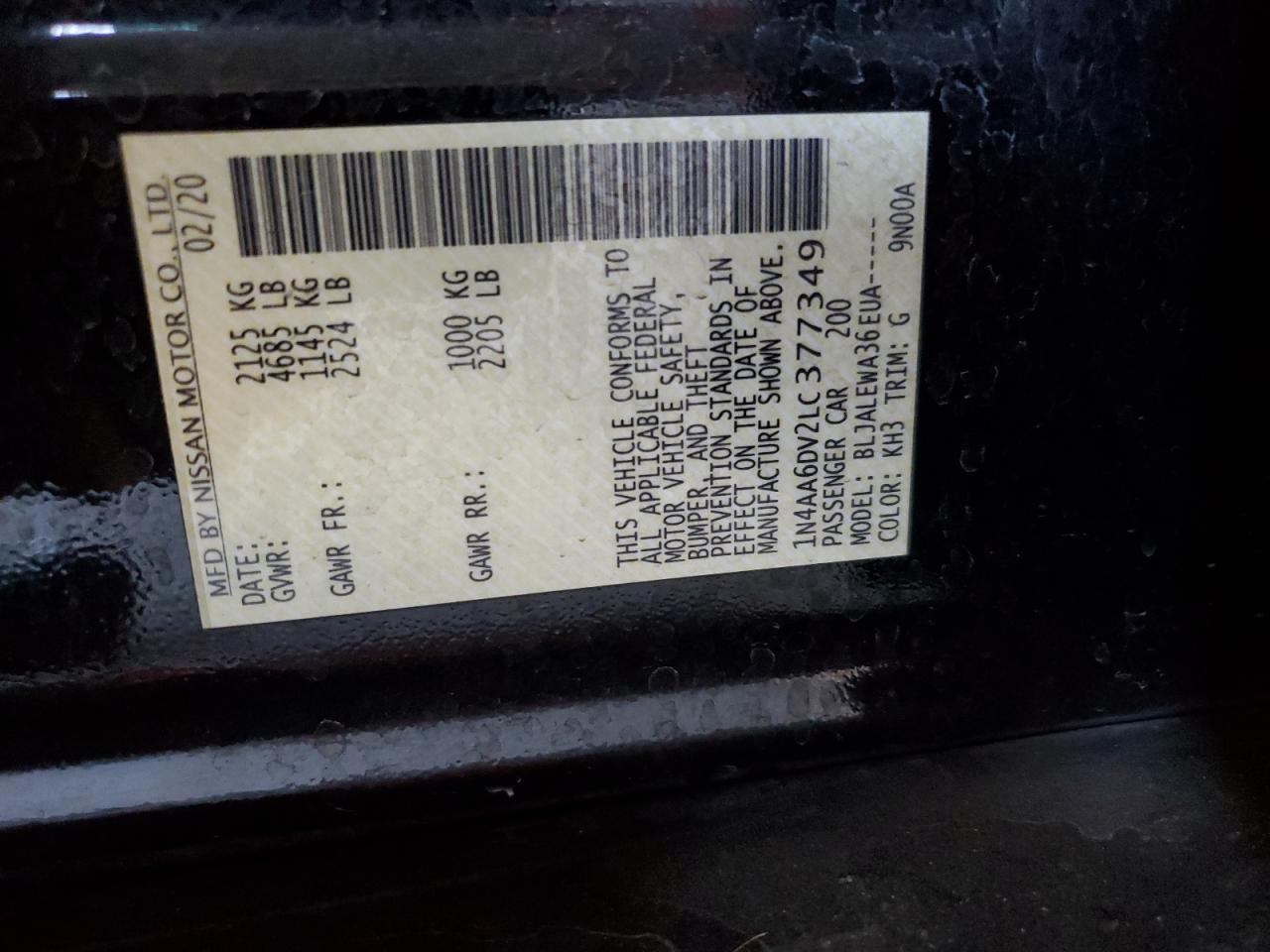 2020 Nissan Maxima Sl VIN: 1N4AA6DV2LC377349 Lot: 64049985