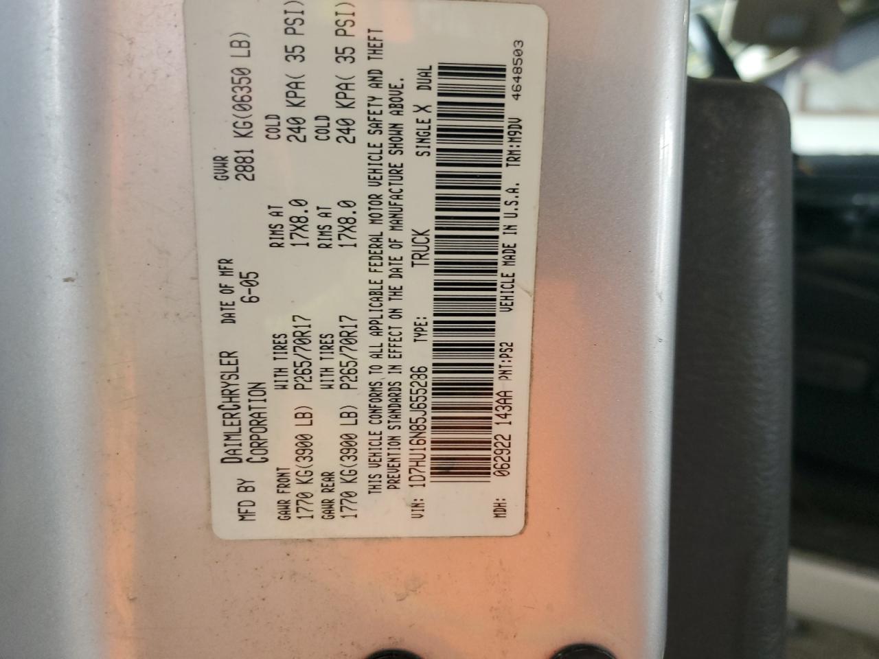 2005 Dodge Ram 1500 St VIN: 1D7HU16N85J655286 Lot: 60437475