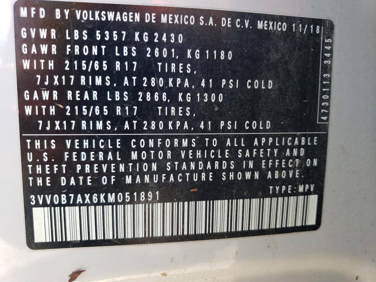 2019 Volkswagen Tiguan S VIN: 3VV0B7AX6KM051891 Lot: 63164475