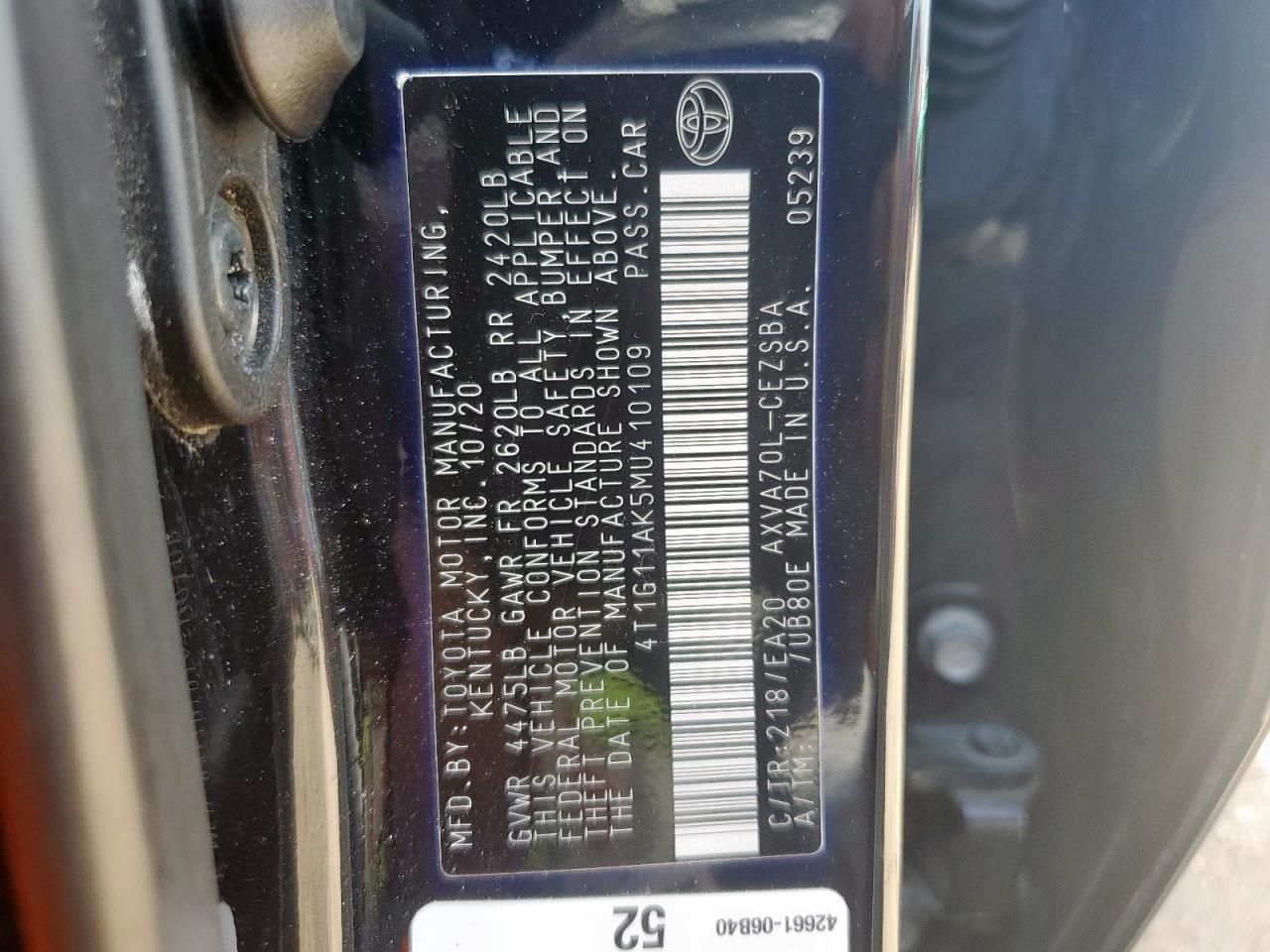 2021 Toyota Camry Se VIN: 4T1G11AK5MU410109 Lot: 66689485