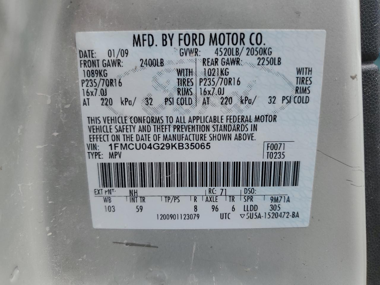 2009 Ford Escape Limited VIN: 1FMCU04G29KB35065 Lot: 65693055