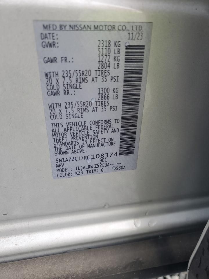 2024 Nissan Murano Sl VIN: 5N1AZ2CJ7RC108374 Lot: 63183325