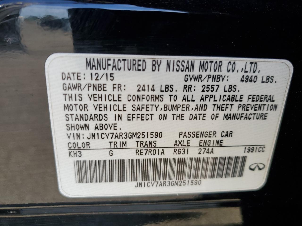 2016 Infiniti Q50 Base VIN: JN1CV7AR3GM251590 Lot: 64640755