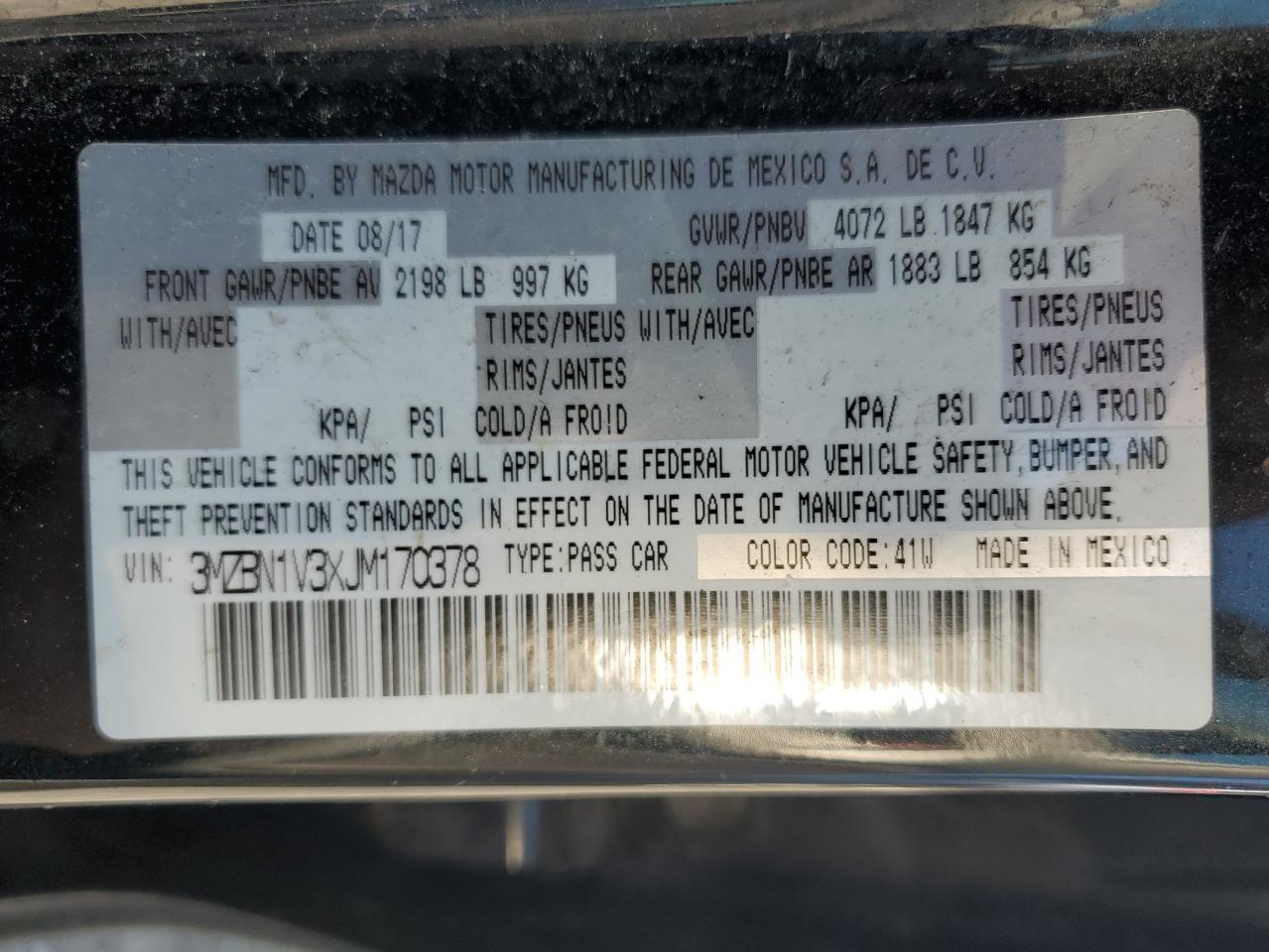 2018 Mazda 3 Touring VIN: 3MZBN1V3XJM170378 Lot: 66543555