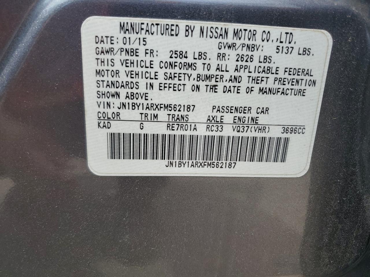 2015 Infiniti Q70 3.7 VIN: JN1BY1ARXFM562187 Lot: 63860175