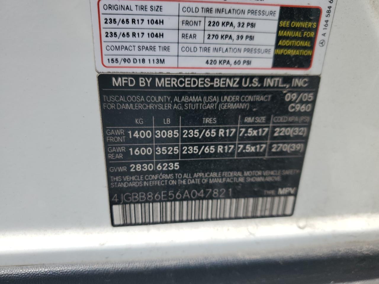2006 Mercedes-Benz Ml 350 VIN: 4JGBB86E56A047821 Lot: 63877875