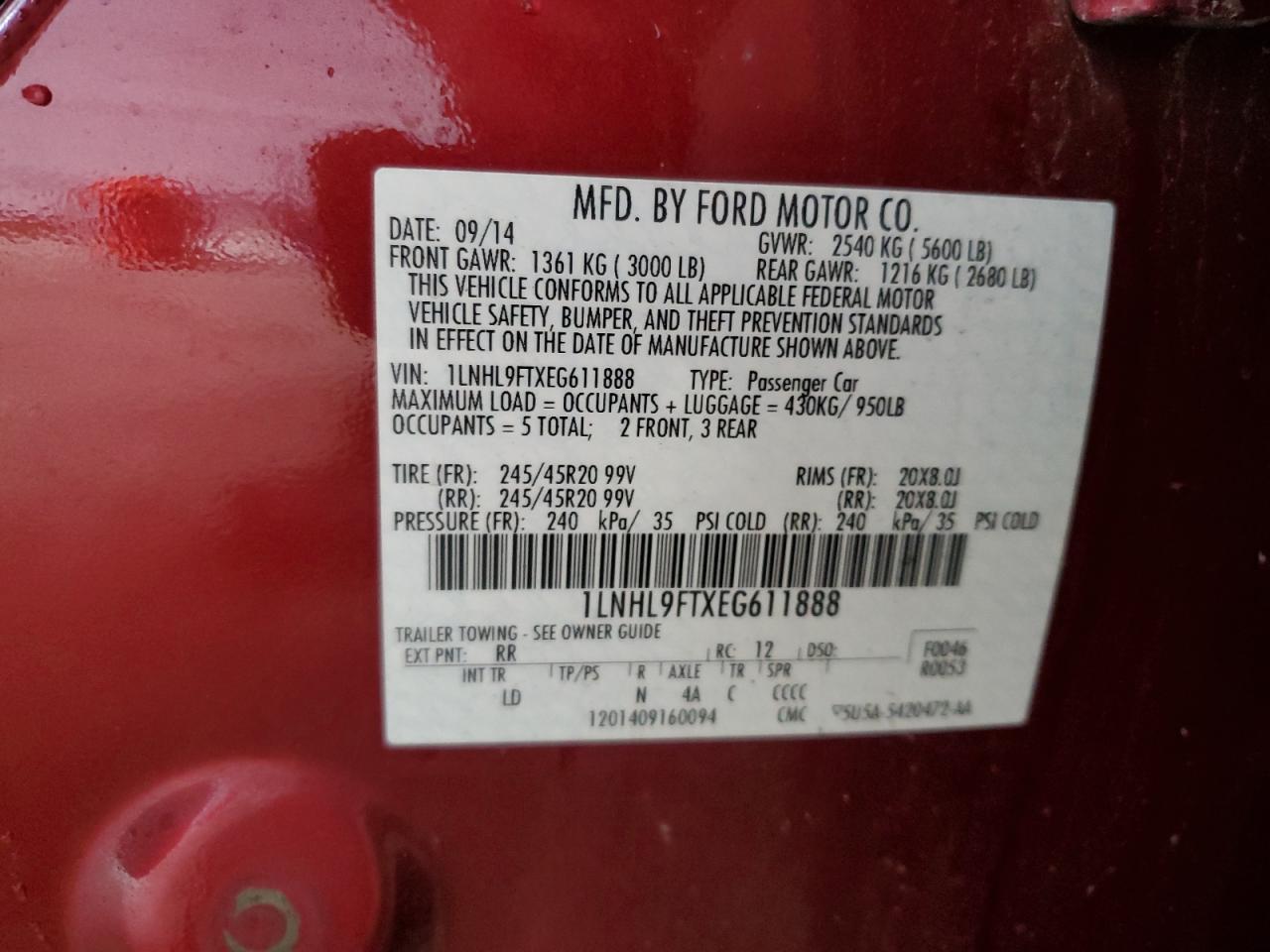 2014 Lincoln Mks VIN: 1LNHL9FTXEG611888 Lot: 67123555