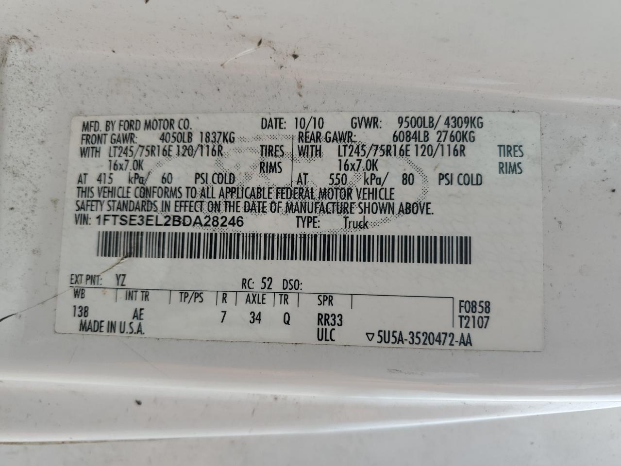 2011 Ford Econoline E350 Super Duty Van VIN: 1FTSE3EL2BDA28246 Lot: 64106455