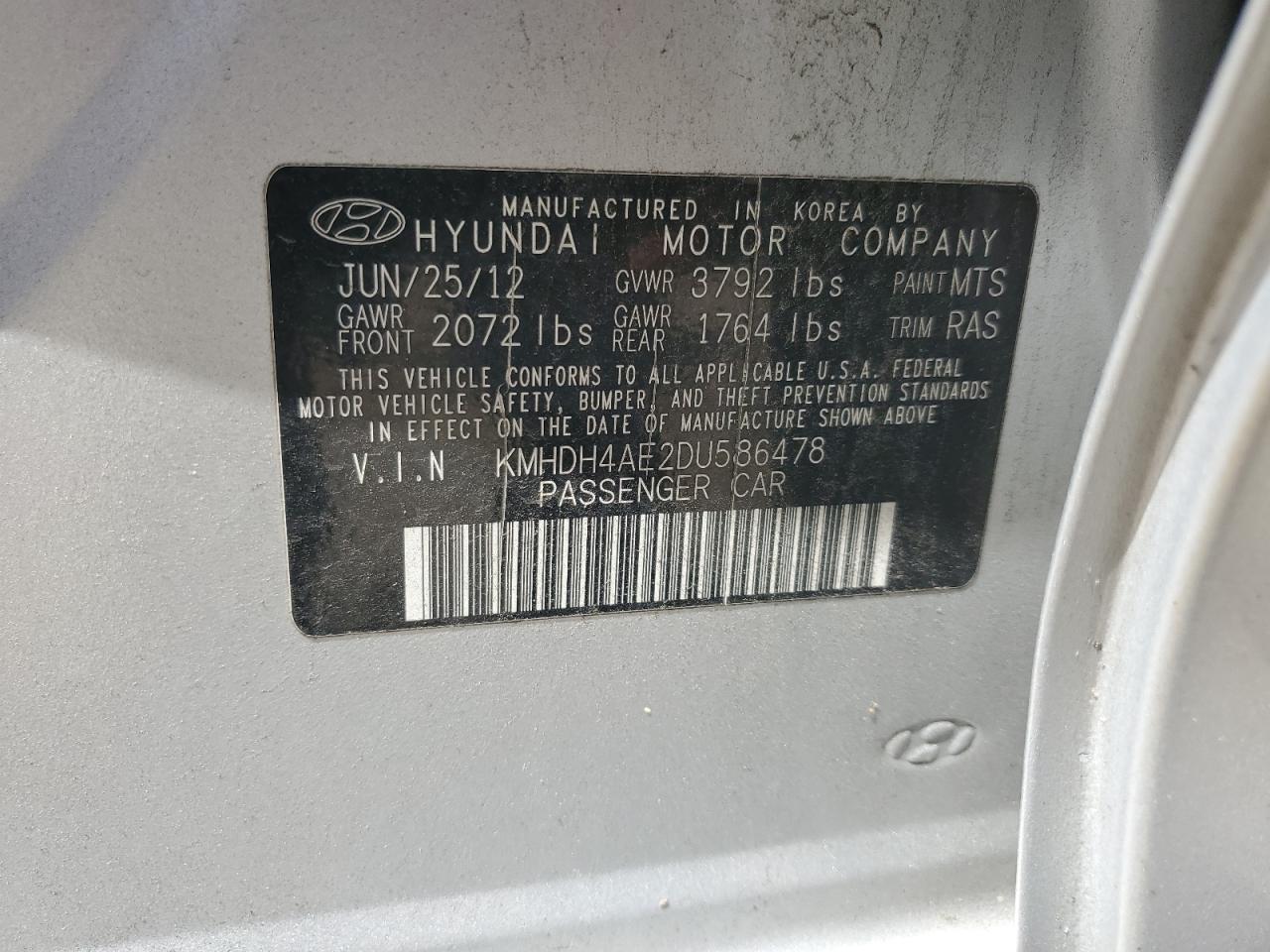 2013 Hyundai Elantra Gls VIN: KMHDH4AE2DU586478 Lot: 65352565