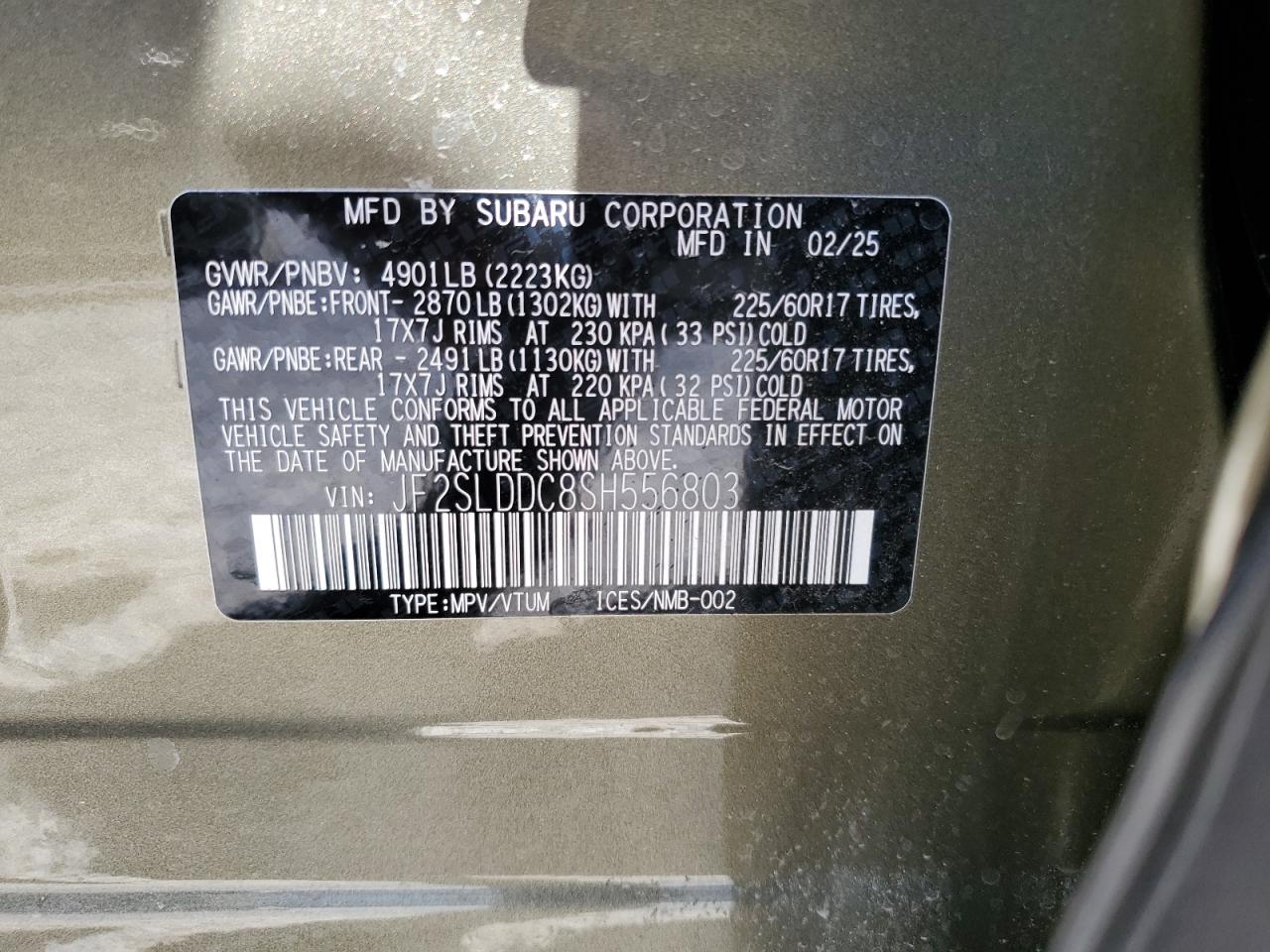 2025 Subaru Forester Premium VIN: JF2SLDDC8SH556803 Lot: 65093955