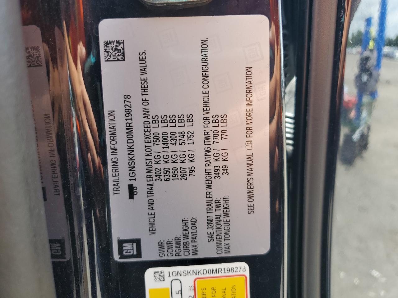 2021 Chevrolet Tahoe K1500 Lt VIN: 1GNSKNKD0MR198278 Lot: 63627915