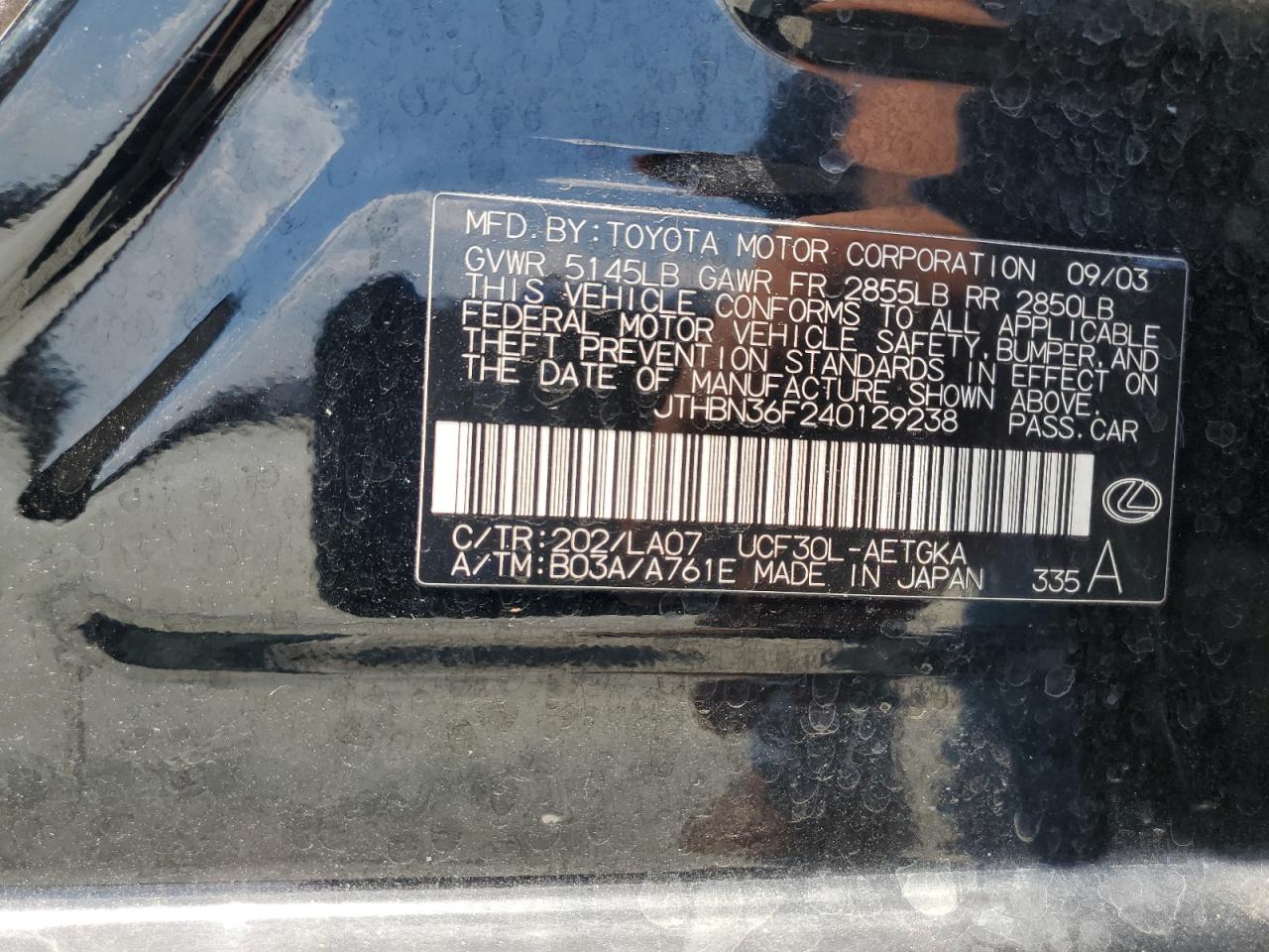 2004 Lexus Ls 430 VIN: JTHBN36F240129238 Lot: 63598535