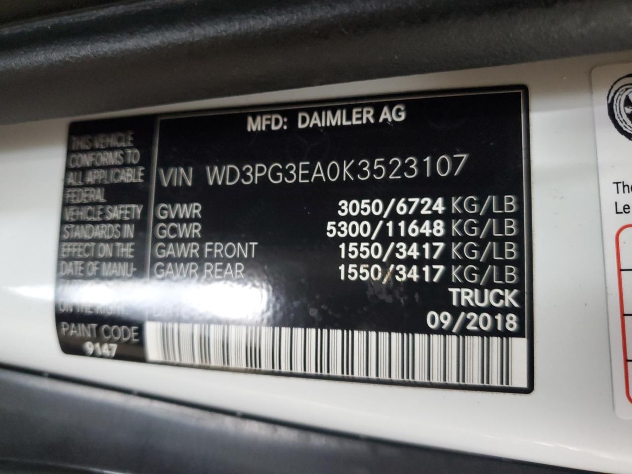2019 Mercedes-Benz Metris VIN: WD3PG3EA0K3523107 Lot: 64134555
