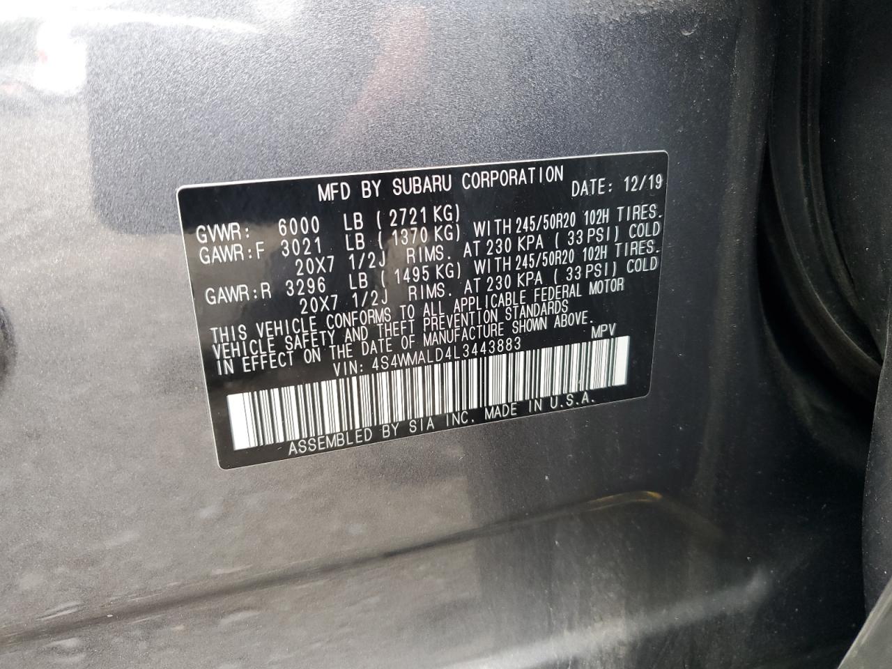 2020 Subaru Ascent Limited VIN: 4S4WMALD4L3443883 Lot: 64555175