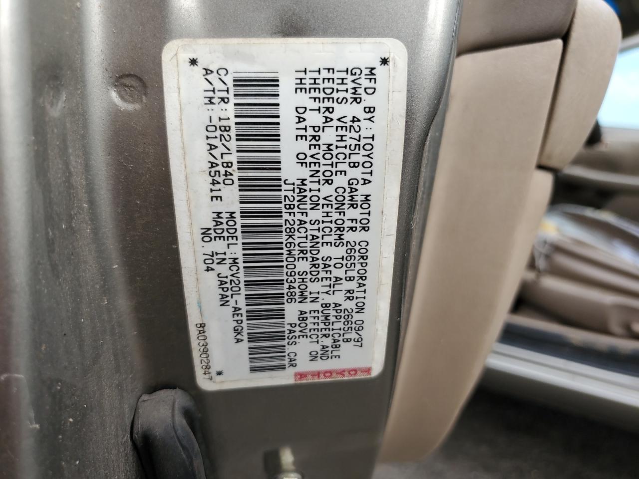 1998 Toyota Camry Le VIN: JT2BF28K6W0093486 Lot: 65512115