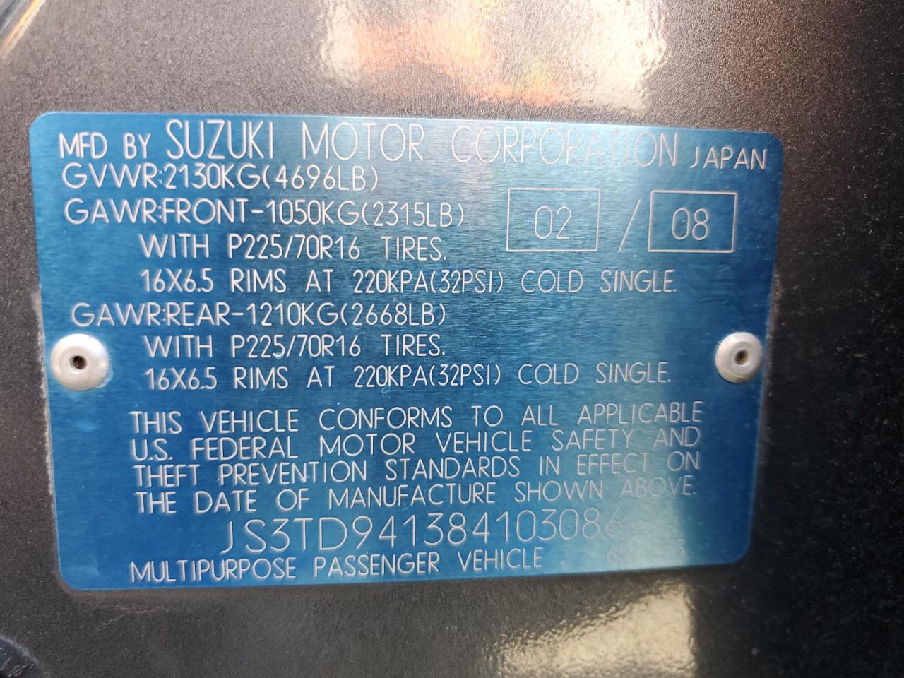 js3td941384103086 JS3TD941384103086 2008 Suzuki Grand Vitara
