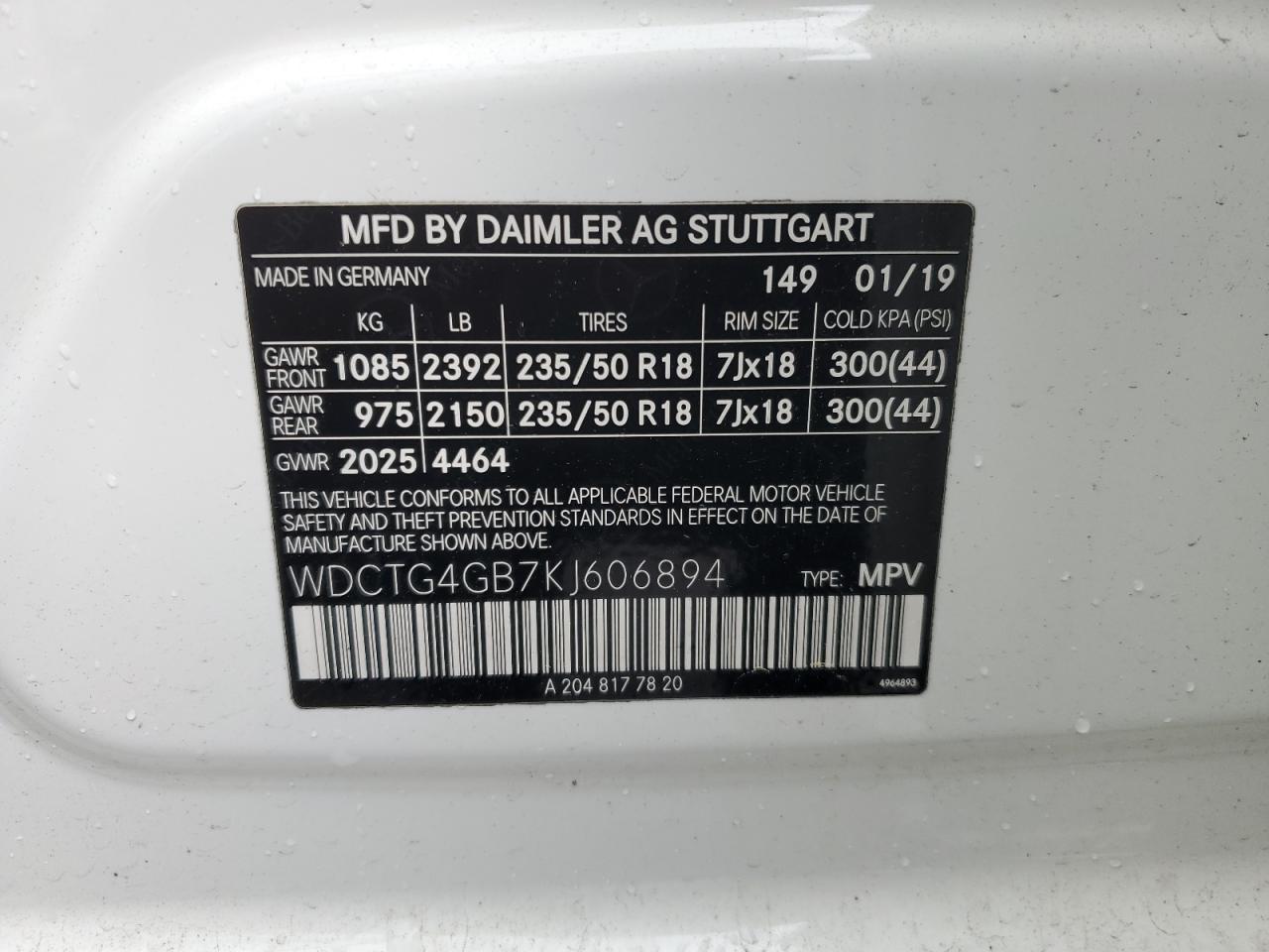 2019 Mercedes-Benz Gla 250 4Matic VIN: WDCTG4GB7KJ606894 Lot: 63547135