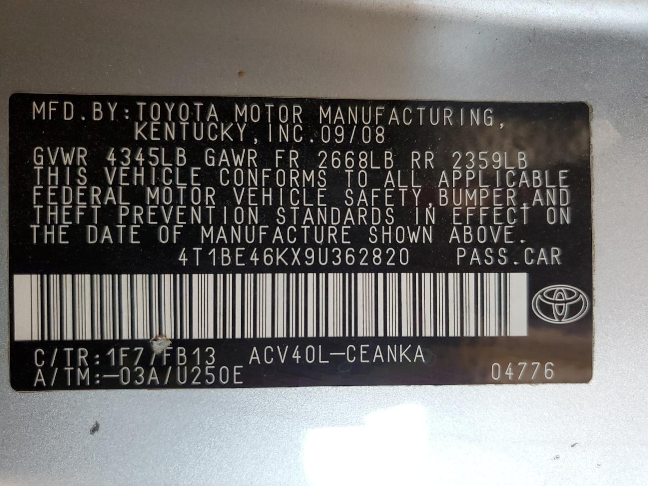 2009 Toyota Camry Base VIN: 4T1BE46KX9U362820 Lot: 65175595