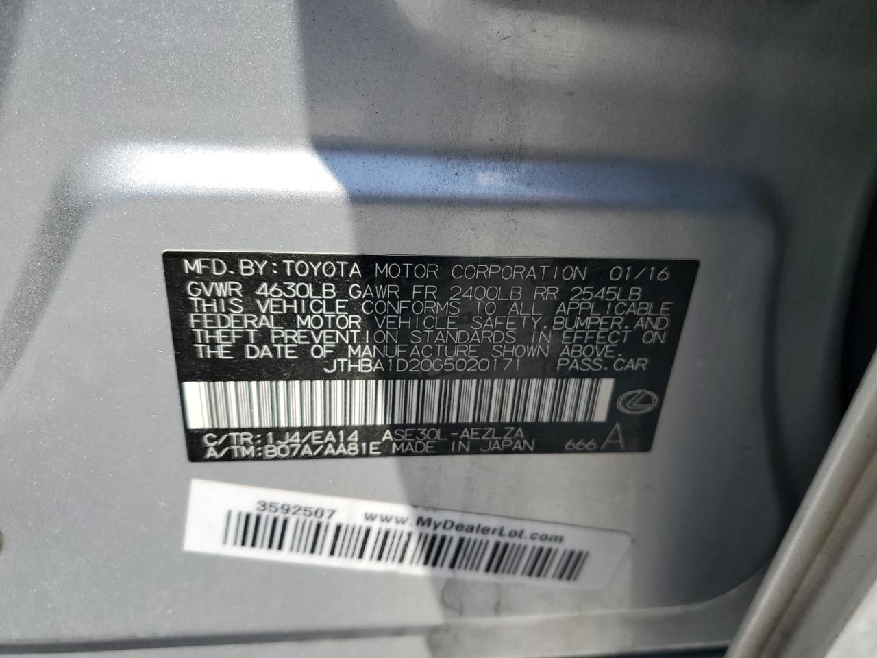 2016 Lexus Is 200T VIN: JTHBA1D20G5020171 Lot: 63834395