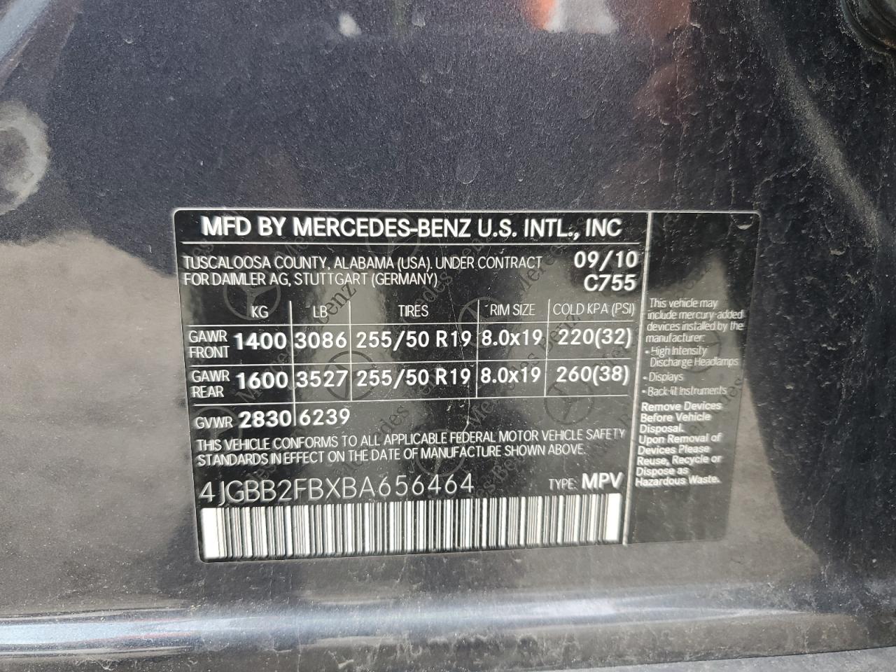 2011 Mercedes-Benz Ml 350 Bluetec VIN: 4JGBB2FBXBA656464 Lot: 63614315