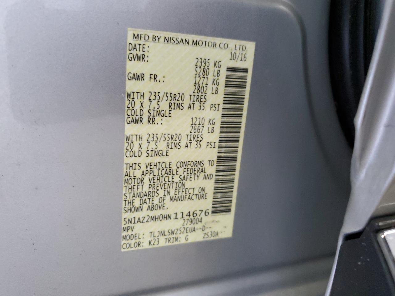 2017 Nissan Murano S VIN: 5N1AZ2MH0HN114676 Lot: 63688235