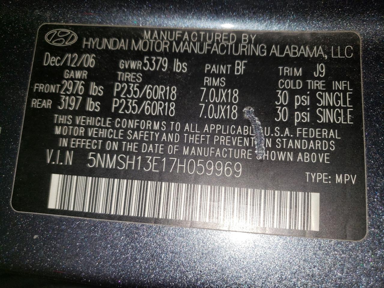 2007 Hyundai Santa Fe Se VIN: 5NMSH13E17H059969 Lot: 65351305