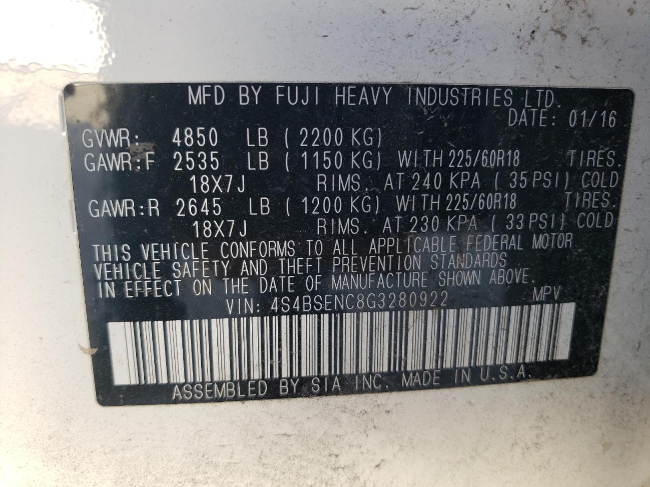 2016 Subaru Outback 3.6R Limited VIN: 4S4BSENC8G3280922 Lot: 65066975