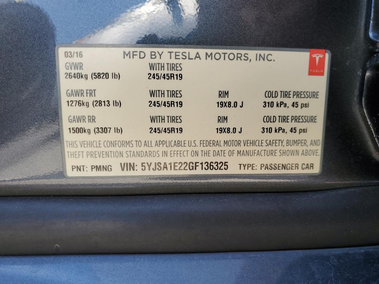 2016 Tesla Model S VIN: 5YJSA1E22GF136325 Lot: 65238105