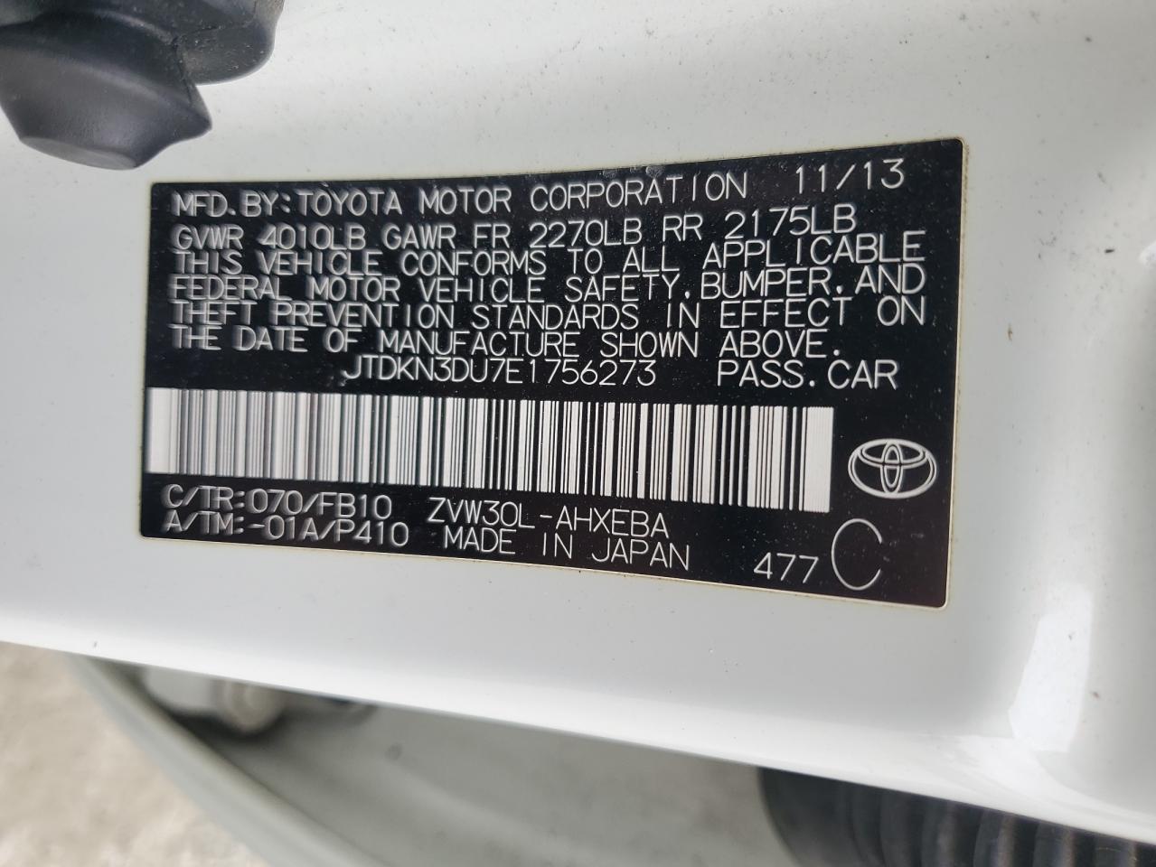 2014 Toyota Prius VIN: JTDKN3DU7E1756273 Lot: 62865815