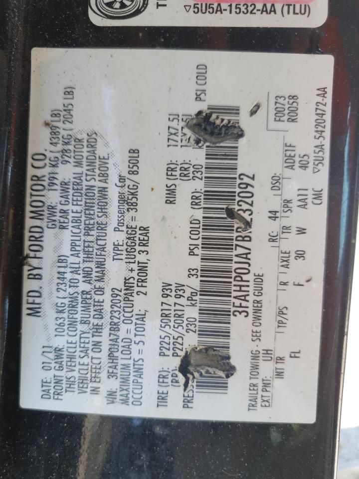 2011 Ford Fusion Sel VIN: 3FAHP0JA7BR232092 Lot: 64698875